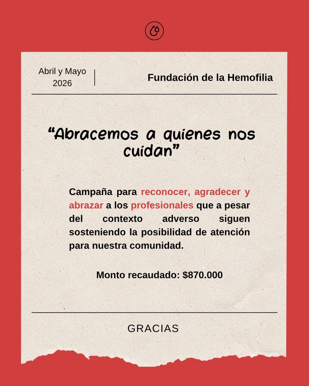 "Abracemos a quienes nos cuidan" — Abril y Mayo 2026. Monto recaudado: $870.000. Gracias.